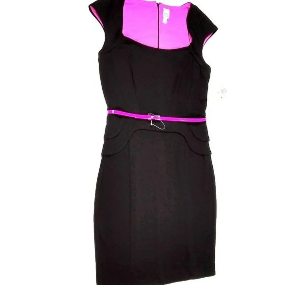 Sangria Peplum Black Pink Belted Cap Sleeve Sexy Dress Size 4 Corporate Femme